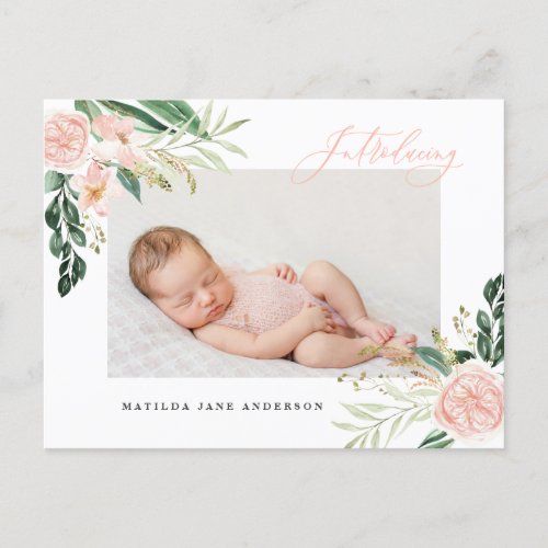 Introducing photo blush pink floral birth announcement postcard