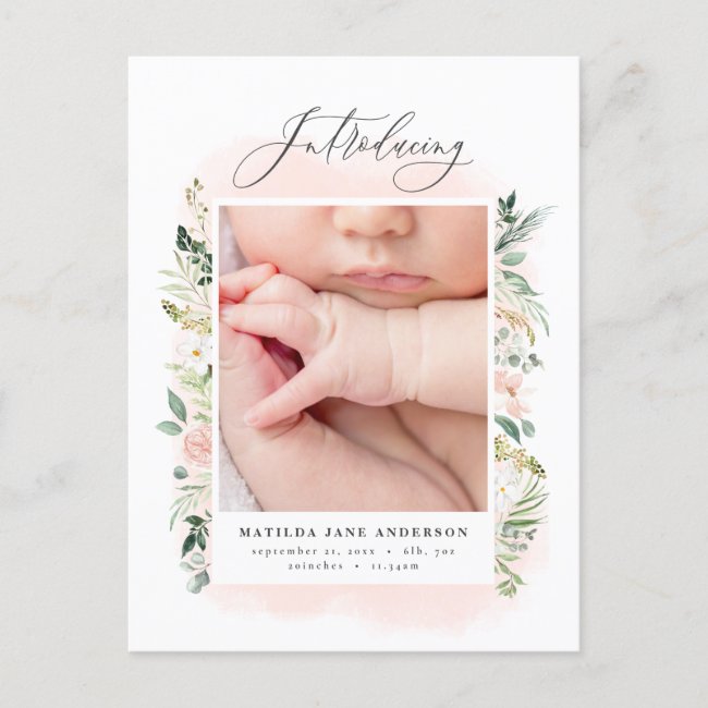 Introducing photo pink floral birth announcement