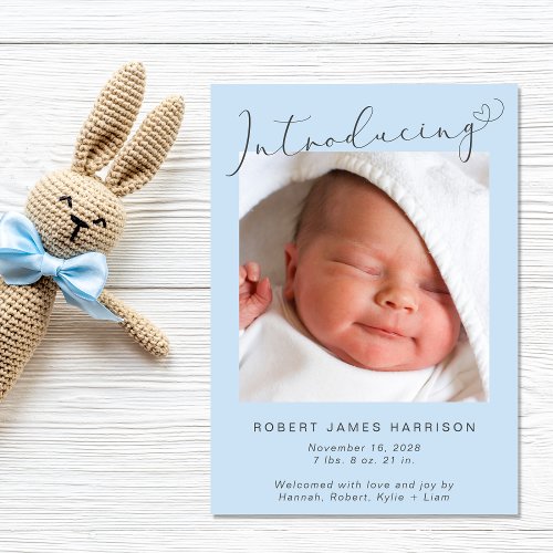 Introducing Photos Blue Baby Boy Birth Announcement