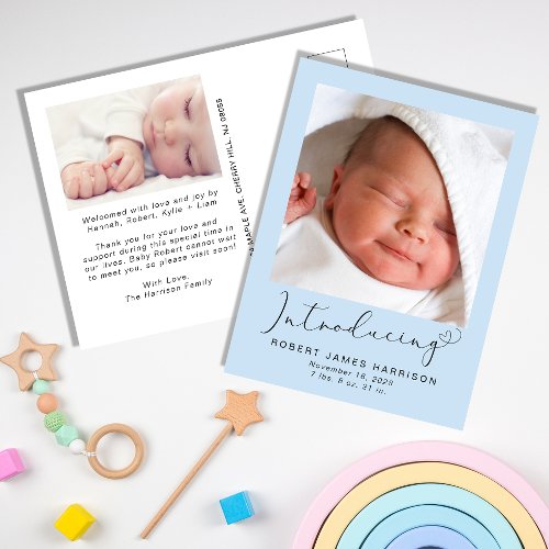 Introducing Photos Blue Baby Boy Birth Announcement Postcard