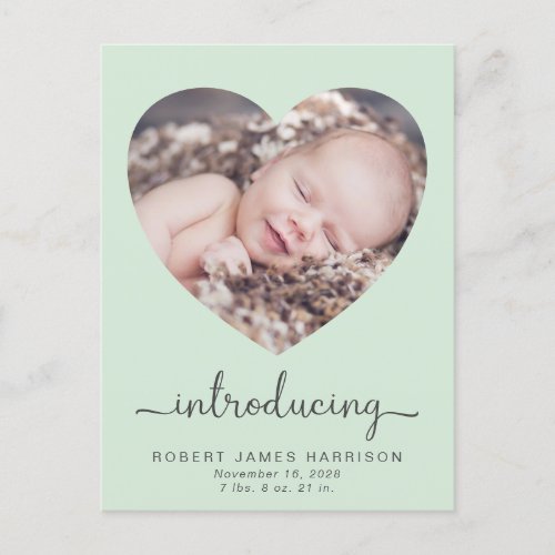 Introducing Photos Mint Green Baby Birth Announcement Postcard