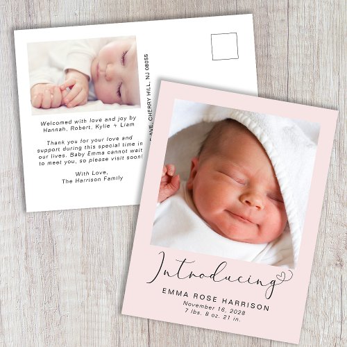 Introducing Photos Pink Baby Girl Birth Announcement Postcard