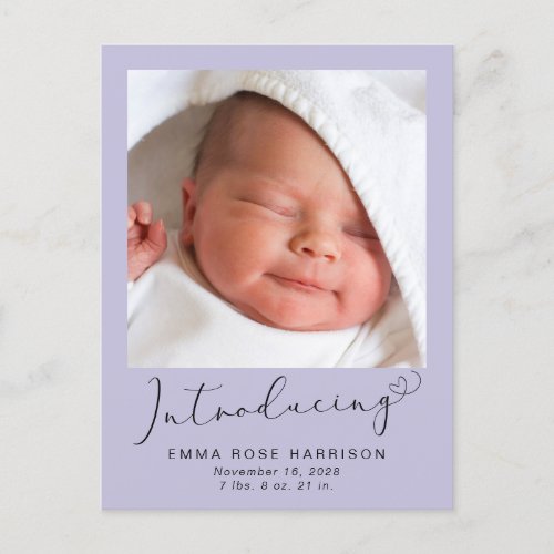 Introducing Photos Purple Baby Girl Birth Announcement Postcard