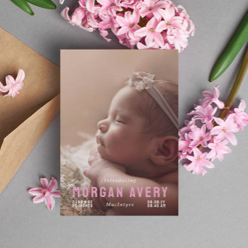 Introducing Pink Typography New Baby Photo Announcement by Paperpaperpaper at Zazzle