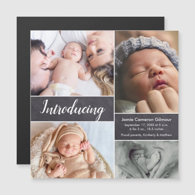 Introducing Script on chalkboard Multi Baby Photo  Magnetic Invitation (Front/Back)
