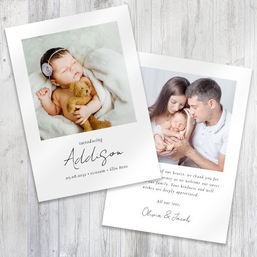 Introducing Script Photo Birth Stats New Baby Thank You Card