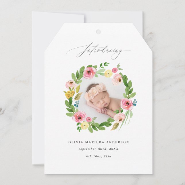 Introducing watercolor photo birth announcement (Front)