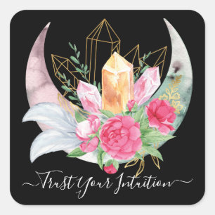 Intuition Crystals Moon Feathers Flowers Boho Square Sticker