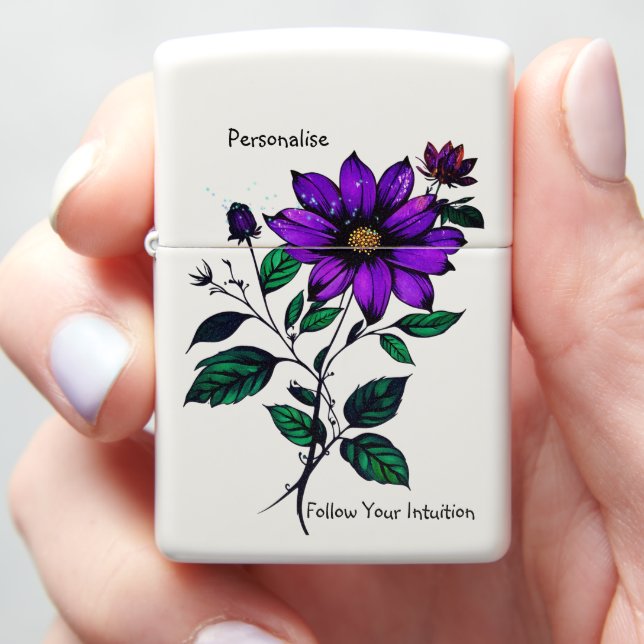 Intuition Quote Purple Flower Cute Floral White  Zippo Lighter (In Hand)