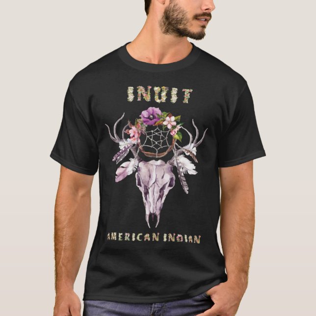 Inuit American Indian Tribe BOHO Floral Skull Retr T-Shirt (Front)