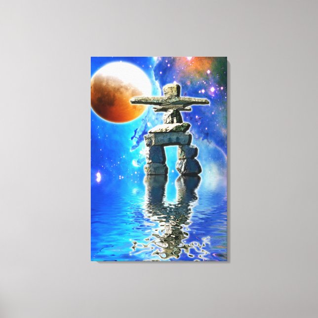 Inuit Eskimo Inukshuk & Moon Fantasy Art Canvas Print (Front)