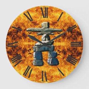 Inukshuk & Fire Native American Spirit Stones Large Clock