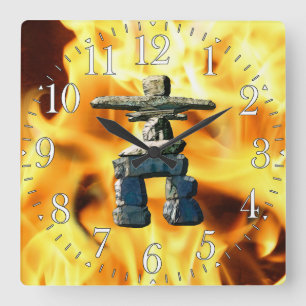 Inukshuk & Fire Native American Spirit Stones Square Wall Clock