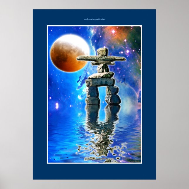Inukshuk & Galaxy Moon Fantasy Art Poster (Front)