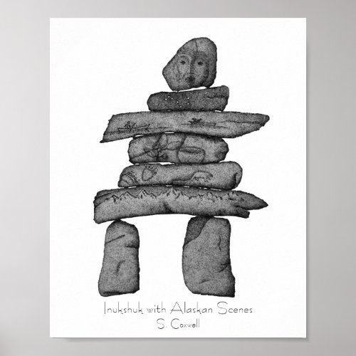 Inukshuk with Alaskan Scenes dotwork art Poster