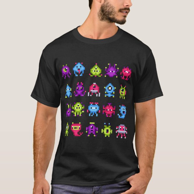 INVADERS  I Love 80s Retro 8 Bit Pixel Space Monst T-Shirt (Front)