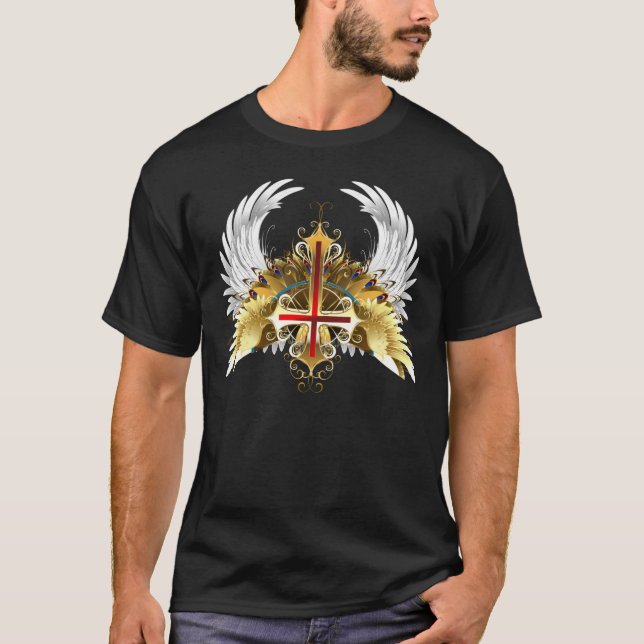 Inverted Angel Winged Catholic Golden Cross T-Shirt (Front)