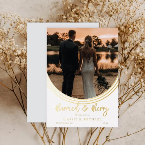 Inverted Arch Photo Wedding Married and Merry Foil Holiday Card