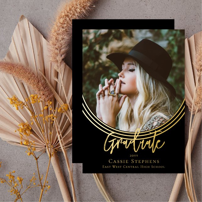 Inverted Arch Trendy Script Graduate Photo  Foil Invitation (Inverted Arch Trendy Script Graduate Photo Black Foil Announcement)