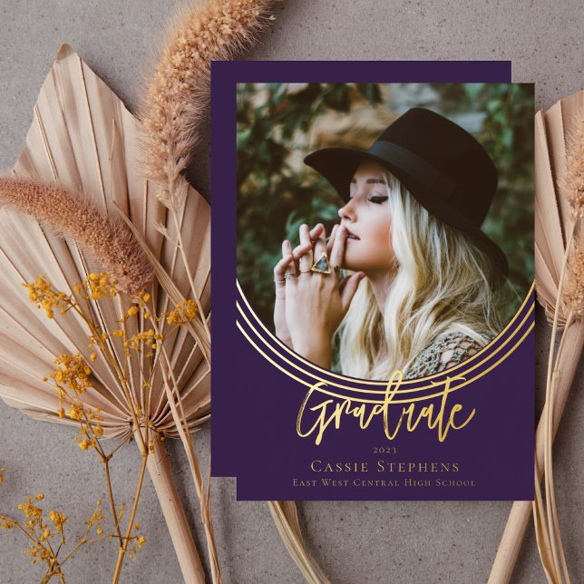 Inverted Arch Trendy Script Graduate Photo Purple Foil Invitation (Inverted Arch Trendy Script Graduate Photo Purple Foil Announcement )
