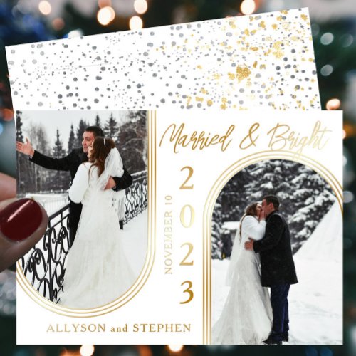 Inverted Arches Two Photo Wedding Married  Bright Foil Holiday Card