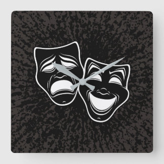Inverted Black And White Comedy And Tragedy Masks Square Wall Clock