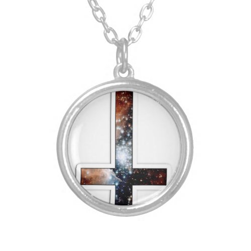 Inverted Cross Galaxy Cosmic Universe Silver Plated Necklace
