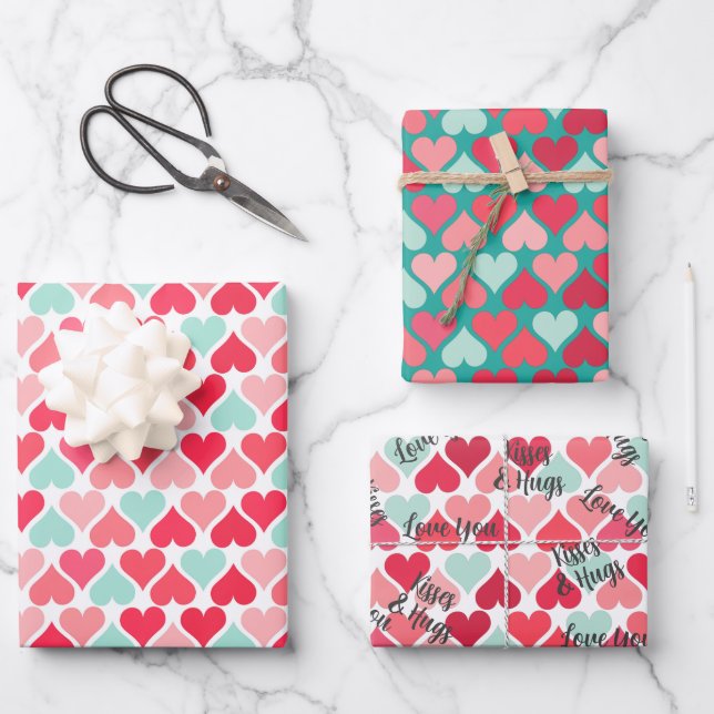 Inverted Pink Teal Valentine Hearts Pattern Wrapping Paper Sheets (Front)