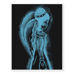 Inverted Sideways Angel in Black and Light Blue Temporary Tattoos
