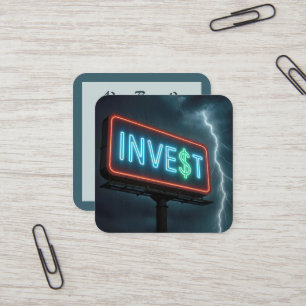 Invest Neon Billboard with Lightning Square Business Card