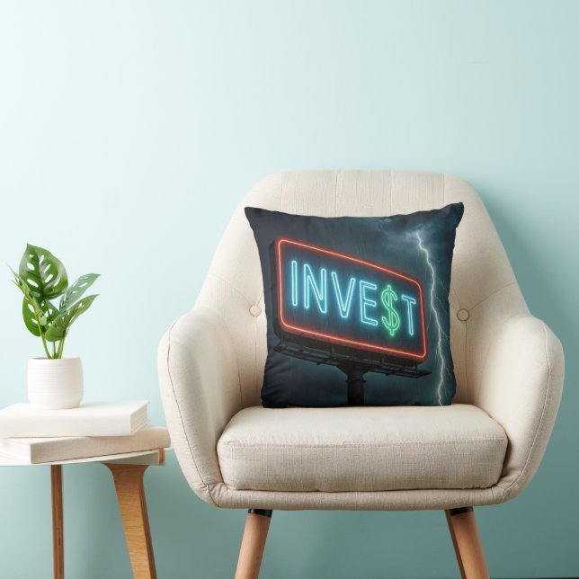 Invest Neon Billboard with Lightning Throw Pillow (Chair)