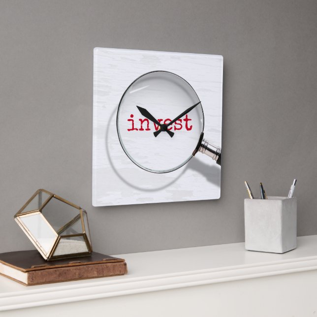Invest Text Under Magnifying Glass Square Wall Clock (Office)