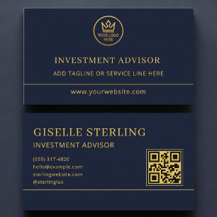 Investment Advisor Blue Gold Logo QR Code Business Card