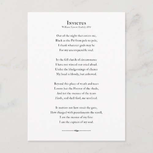 Invictus Poem inspirational poetry quote Postcard