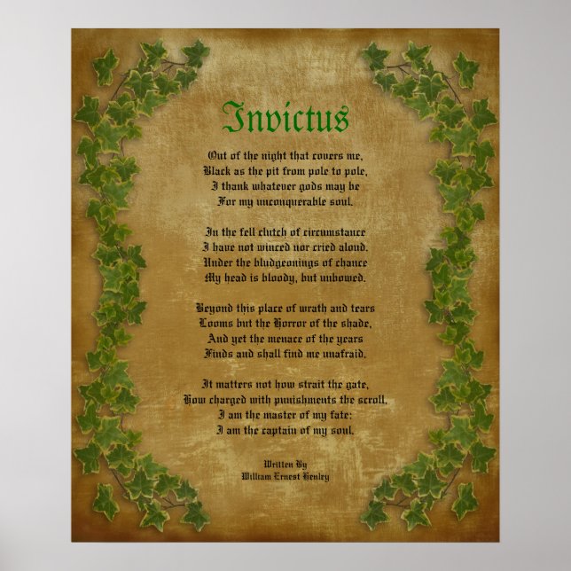 Invictus, Victorian poem on parchment with ivy Poster (Front)