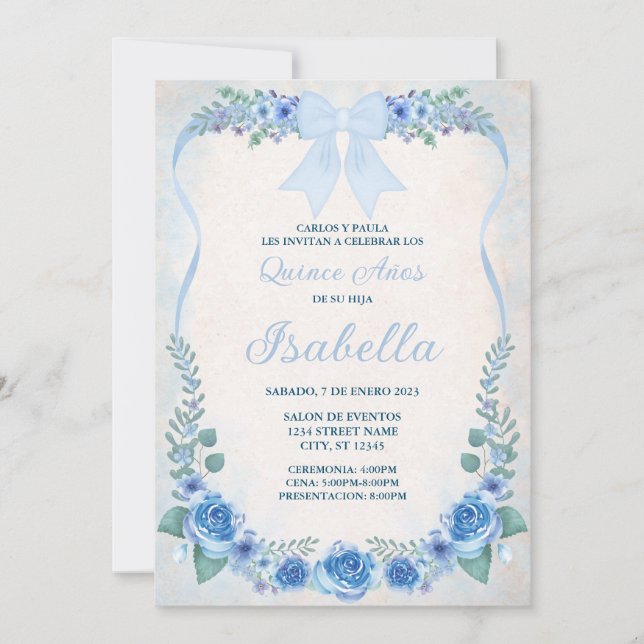 INVITACION AZUL FLORAL  INVITATION (Front)