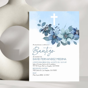 Invitacion Bautizo Blue Flowers Elegant Baptism Invitation