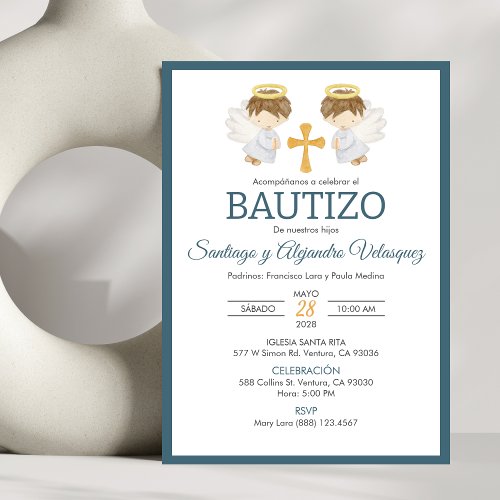 Invitacion Bautizo boys Baptism Cute Twin Angels Invitation