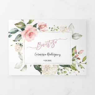 Invitacion Bautizo Con Flores Photo Baptism Tri-Fold Invitation