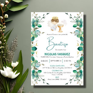 Invitacion Bautizo Cute leaves Boy Angel Baptism Invitation