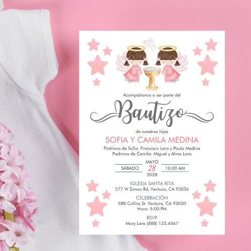 Invitacion Bautizo nias Baptism Cute Twins Angels Invitation