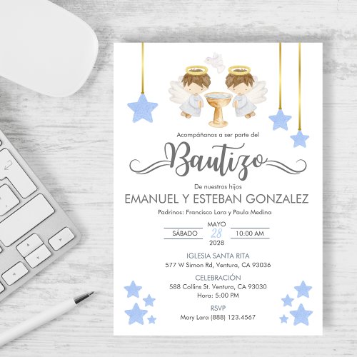 Invitacion Bautizo nios Baptism Cute Twin Angels Invitation