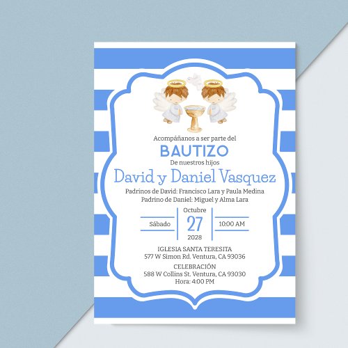 Invitacion Bautizo nios Baptism Cute Twin Angels Invitation