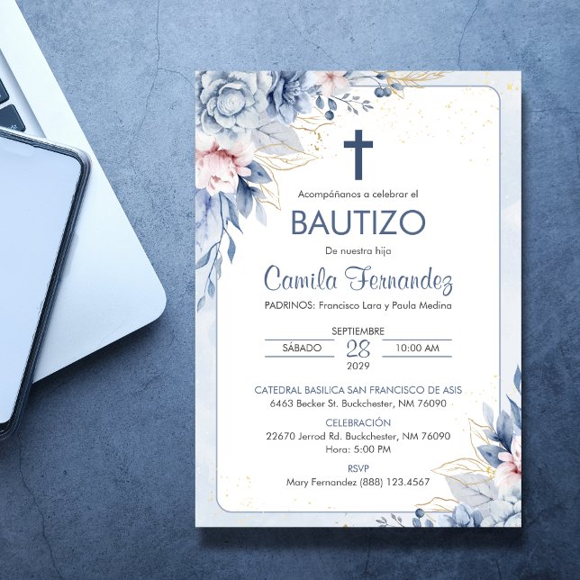 Invitacion Bautizo Religious Blue Flowers Baptism Invitation (Creator Uploaded)