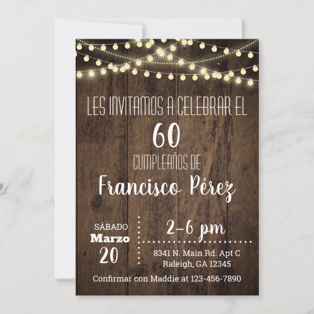 Invitación Birthday invitation, brown wood, lights Invitation (Front)