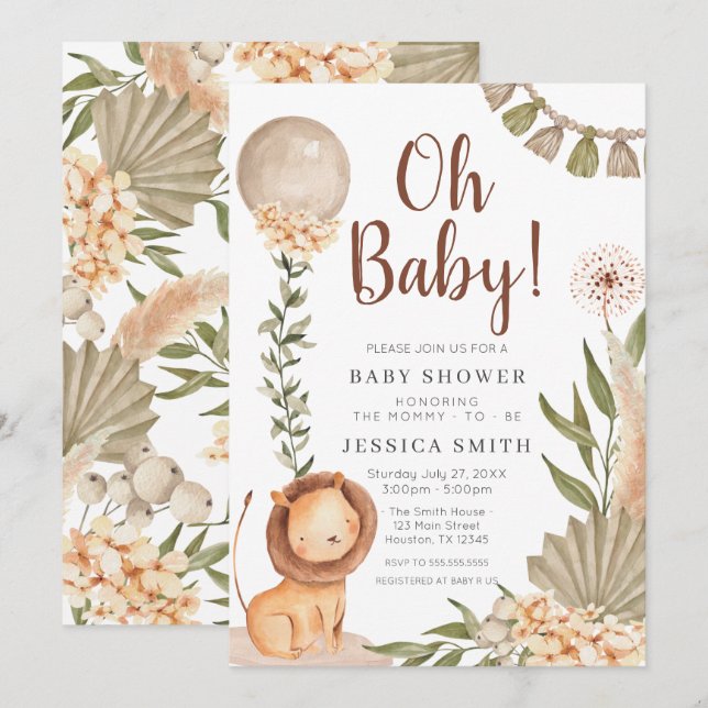 Invitación Boho Lion watercolor oh baby invitation (Front/Back)