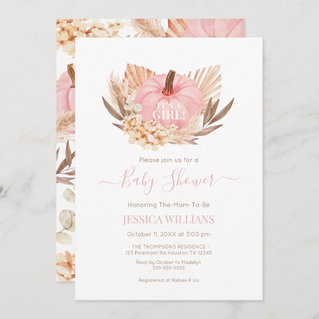 Invitación Boho Pampas Pumpkin pink baby shower Invitation (Front/Back)