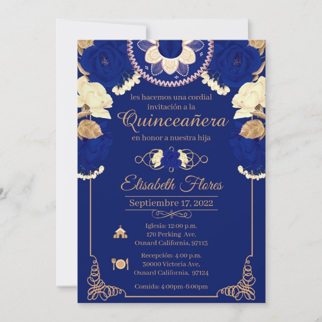 Invitacion Charro Invitation, in blue , and Gold Announcement (Front)