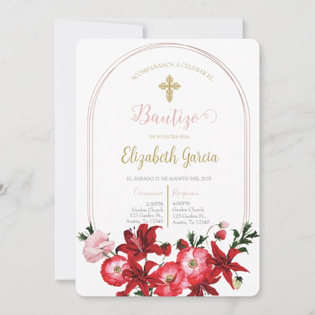 Invitación con flor roja para bautismo invitation (Front)