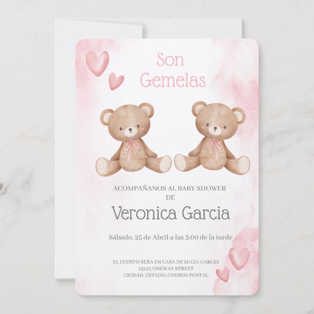 Invitacion de baby shower para gemelas tema osito invitation (Front)